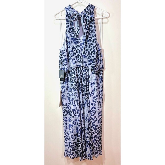 Adrianna Papell Purple Animal Print Midi Halter Tie Dress Womes 14 Wedding Party - Picture 7 of 16